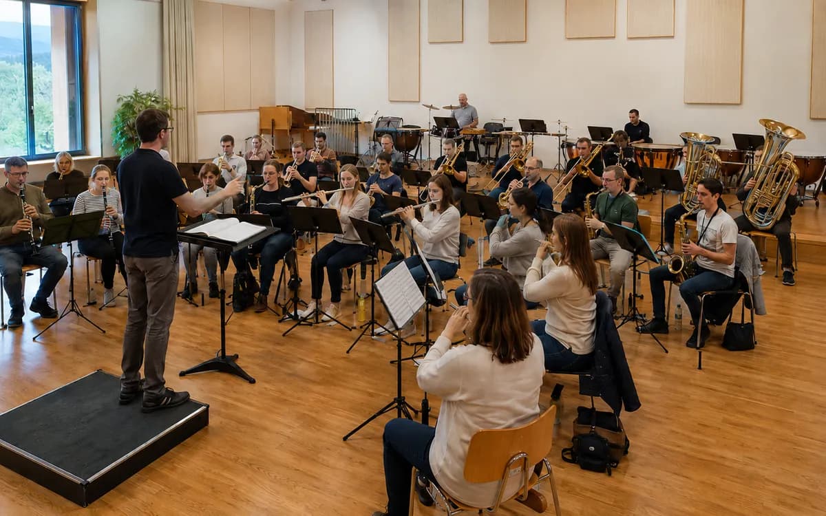 Blasorchester mit Dirigent bei der Probe im Probelokal